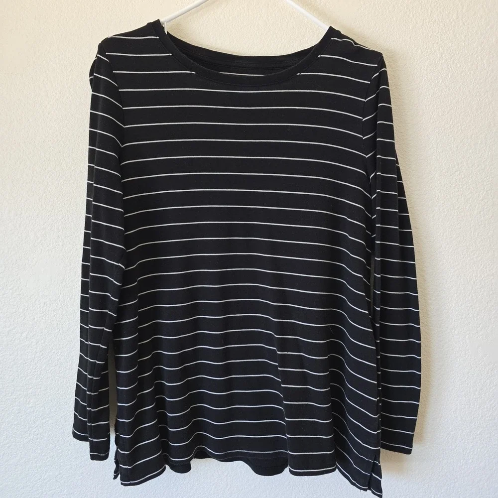 J. Jill Women Pima Cotton Crew Neck Long Sleeve Top Black Stripe Cozy Comfy Sz L